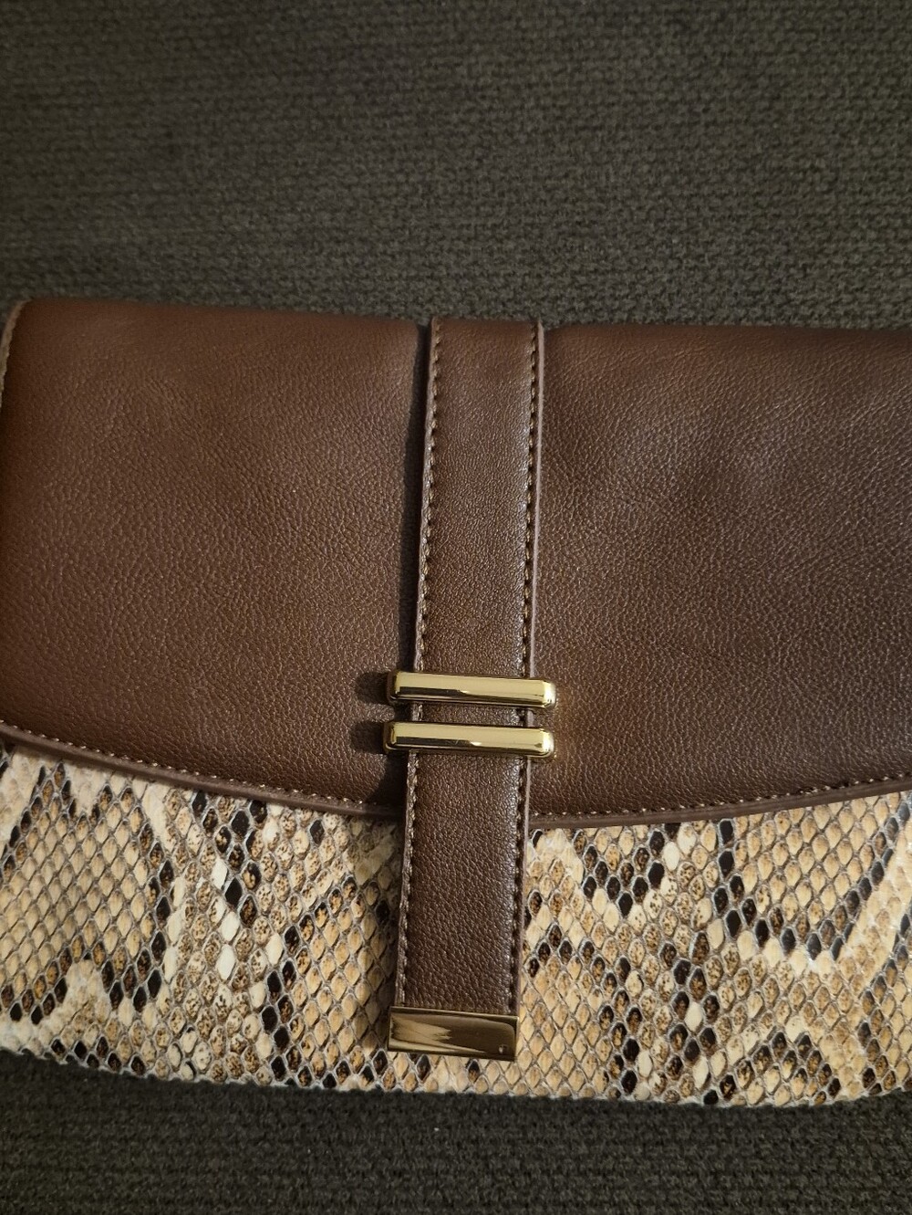 Ann Taylor Brown Faux Leather & Snake-Print Clutch Handbag SZ 8X 6.5"